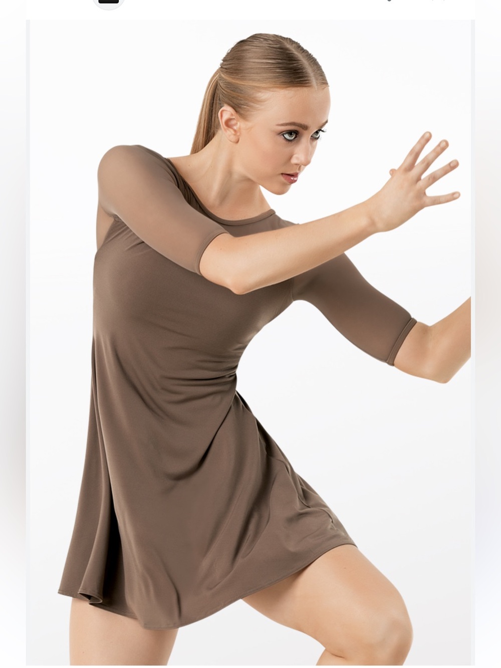 balera Taupe Short Dance Dress with Sheer Elbow Sleeves